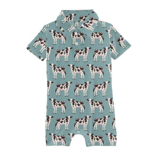 Print Short Sleeve Polo Romper in Jade Cows