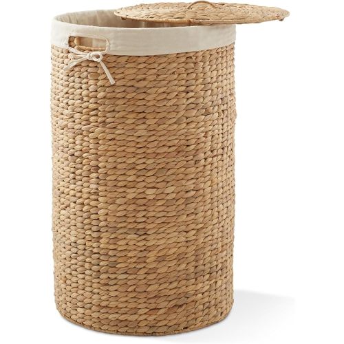 Casafield Round Laundry Hamper with Lid and Removable Liner Bag - Natural, Woven Water Hyacinth Wicker Laundry Basket for Clothes and Towels