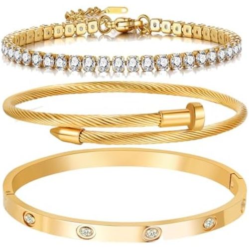 A D. ALLEN & DANMI. 18 K Gold Plated Love Bangle Bracelet Set Flexible Wide Wristband Bangle Bangle Set for Love