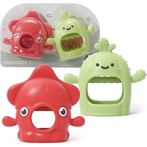 Momcozy 2 Pack Baby Teething Toys, Food Grade Silicone Baby Teethers for 0–12 Months, Baby Teether Mitten Wrist Teether Set, Easy Grip Teething Relief with Multiple Chew Points, Red&Grass Green