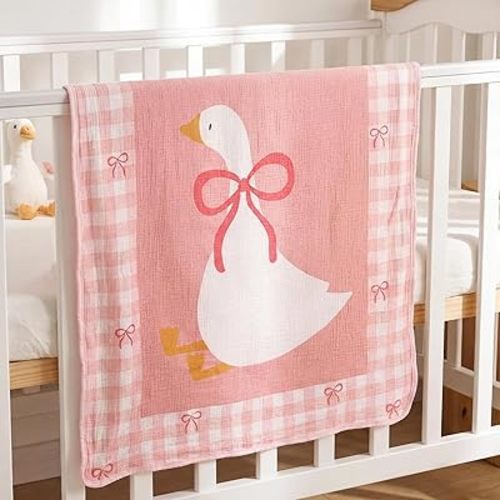 Breling Pink Silly Goose Muslin Baby Blankets for Girls Boys, 100% Cotton Crib Blanket for Infant Toddler, 40 x 36 Inch Soft and Lightweight Nursery Swaddling Wrap