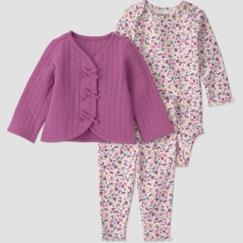 Carter's Just One You® Baby Girls' 3pc Long Sleeve Floral Printed Bodysuit, Pants and Quilted Jacket Set - Plum 6M