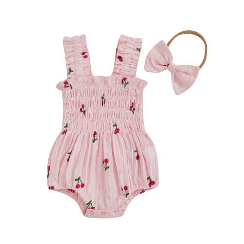Txlixc Baby Girls Summer Romper Cherry Print Seeveless Suspender Smocked Jumpsuit with Bow Headband