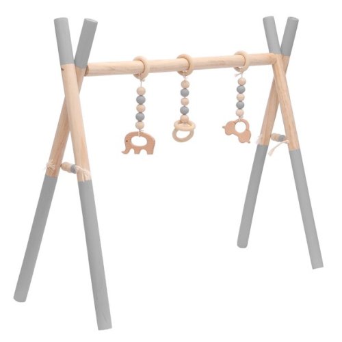 Baby Infant Wooden Play Gym Rack, Toddler Activity Play Stand Station，Baby Hanging Toys Newborn Wood Rack with 3 Toys Home Indoor Outdoor