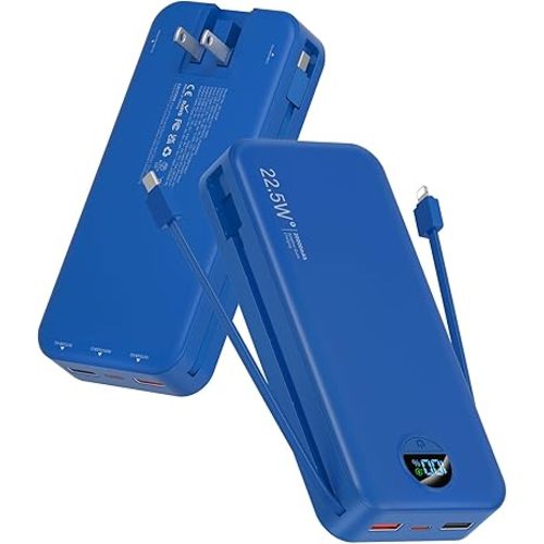 Portable Charger Power Bank, 20000mAh 22.5W USB C Fast Charging with Built-in Cables & Wall Plug, External Battery Pack with LED Display, Travel Essential for iPhone, iPad, Samsung Navy