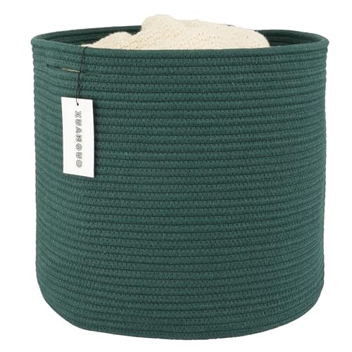 XUANGUO Cotton Rope Basket For Girls Boys Kids 16”X14” dark green | Baby Laundry Baskets, Blanket Basket, Nursery Bin; Round Woven Basket Organizer for Toy Storage, Blankets, Shoes and Clothes