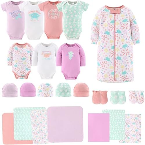 The Peanutshell Baby Layette Gift Set for Girls - 23 Piece New Born Girl Gift Set, Baby Clothes & Newborn Essentials Must Haves - Newborn Clothes 0-3 Months - Ocean Flower