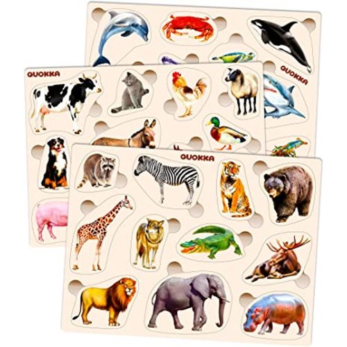 QUOKKA Wooden Puzzles for Toddlers 1-3 – 3xSET Toddler Puzzles Ages 2-4 – Montessori Animal Toy Puzzle for Toddlers 3-5 Year Old – Wood Toy Learning Realistic Animals for Boy and Girl