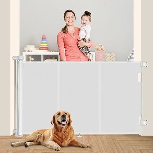 Upgraded 71" Retractable Baby Gates with Reinforced Strip Design to Prevent Crawling Through, 42" Extra Tall Retractable Gates, 6 FT Retractable Dog Gate for Stairs, Doorways, Hallways