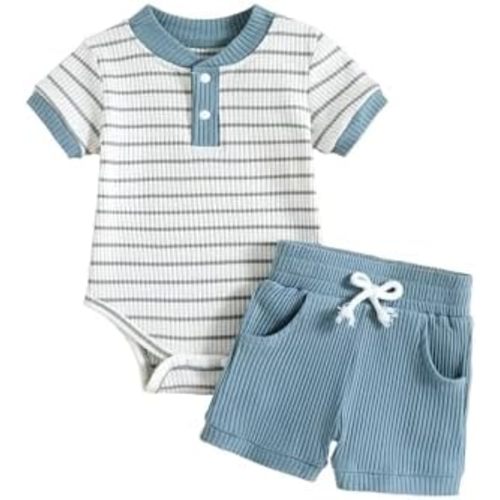 Baby Boy Outfits Ribbed Short Sleeve Striped Romper Top Solid Shorts with Pocket Baby Boy Summer Clothes 0-18M