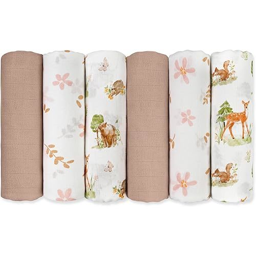 GLLQUEN BABY Receiving Blanket Boy Cotton Muslin Swaddle Blankets Girl Newborn Squares Breathable & Soft Thin Baby Blankets Cloths Double Absorbent Infant Swaddling Wrap - 6 Pack (Deer & Soft Light)