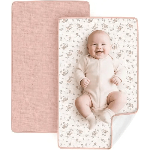 Konssy 2 Pack Waterproof Muslin Cotton Portable Changing Pad 30"x 17", Soft & Foldable Baby Changing Mat Travel Pad with Terry Backing, Shower Gift for Newborn Girls Boys (Pink,Blossom)