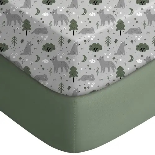 Yoofoss Pack and Play Sheets Fitted, Mini Crib Sheets 2-Pack for Pack N Play Mattress, Stretchy Playard Sheet, Soft and Breathable Gray-Green+Fox