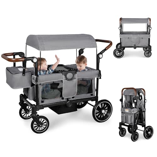 Stroller Wagon for 2 Kids, Foldable Kids Wagon w/Adjustable Push Pull Handle, Shock-Absorbing Wheels, Removable Canopy, Extra Diaper Bag & Harness, Detachable Tray, Grey