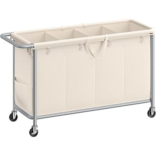 SONGMICS Laundry Basket with Wheels, 4-Section Rolling Laundry Hamper, 68.6 Gallons (260 L), Removable Liner, Steel Frame with Handle, 43.3 x 15.4 x 31.9 Inches, Cream White URLS014W01
