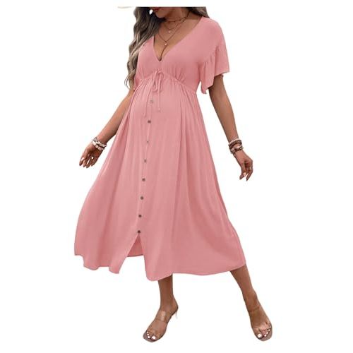 OYOANGLE Women's Maternity V Neck Ruffle Short Sleeve Midi Dress | Drawstring Waist Pregnancy Flowy Dresses, Button, Casual, Summer Vacation