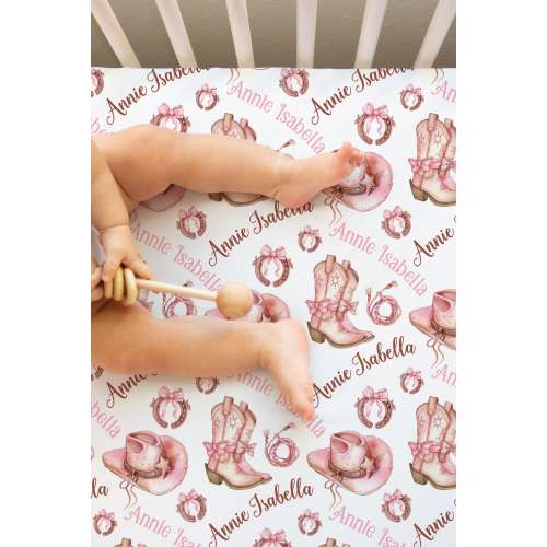 PINK COWGIRL BOOTS Personalized Crib Sheets, Baby Girl Fitted Crib Sheets Cowgirl Boots Bows, Cowgirl Name Car Seat Cover, Baby Changing Pad