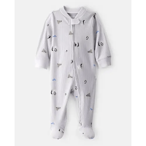 Baby Penguin Print Cotton Long-Sleeve Sleep & Play Pajamas - Grey | Carter's