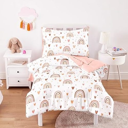 Wake In Cloud - Toddler Bedding Set for Girls, Dreamy Cute Rainbow Heart, 4 Pieces Soft Crib Bed Set Including Comforter, Sheets and Pillowcase, White Pink
