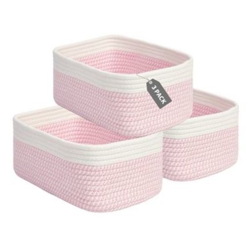 Cotton Rope Storage Basket 3 Pack Without Handles, Soft Polyester Cotton Woven Shelf Bins 11.81×7.48×4.72 Inch for Closet Bathroom Makeup Toy
