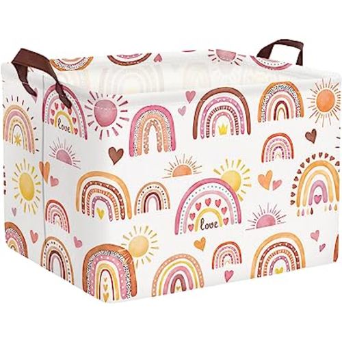 Clastyle Boho Pink Purple Rainbow Storage Baskets Rectangular Sun Heart White Shelf Basket with Handle Clothes Books Toys Storage Bin for Bedroom Kindergarten