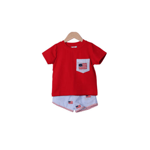 Embroidered Flag Seersucker Short Set