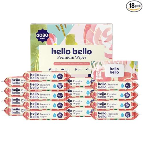 Hello Bello Premium Wipes, Designed for Sensitive Skin with Chamomile & Aloe Extracts, Rosy Posy (18 Resealable Packets = 1080 Total Wipes)