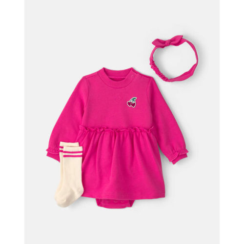 Baby Girl 3-Piece Cherry French Terry Long-Sleeve Dress Set - Pink | Carter's