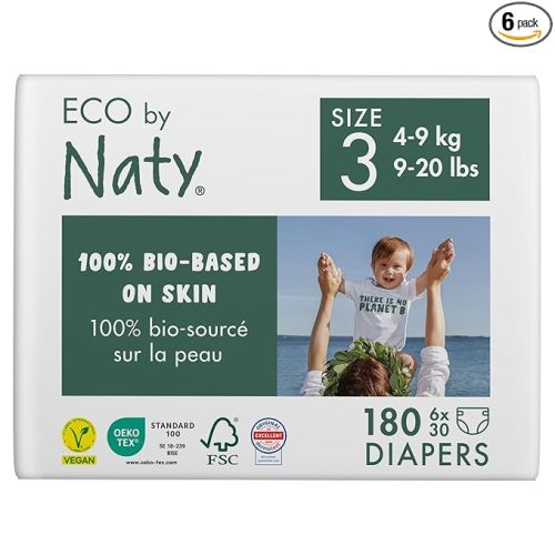 Eco by Naty Eco-Friendly Baby Diapers - 100% Plant-Based Materials on Skin, Soft, for Sensitive Skin & Super Absorbent (Size 3, 180 Count)