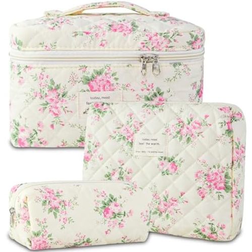 Makeup Bag, 3 PCS Quilted Makeup Bag, Cute Floral Cotton Cosmetic Bag set, Coquette Makeup Pouch Large Travel Toiletry Bag