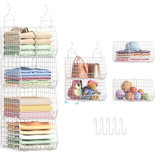 4" Extra Deeper Foldable Hanging Closet Organizer, Small Wire Cabinet Shelves and Storage with 5 S Hooks,4 Tier Metal Basket Bins for Clothes Sweaters Handbags, Wardrobe for Kitchen Laundry Room，White