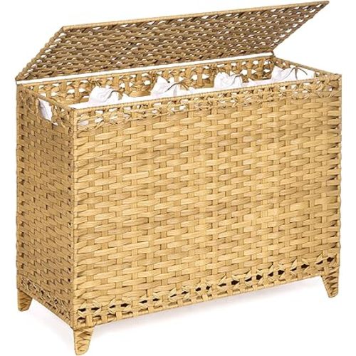 Laundry Hamper with 4 Removable Liner Bags; 176L Handwoven Rattan Laundry Basket with Lid & Heightened Feet; Clothes Hamper with Side Handles