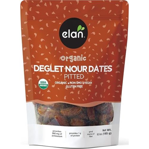 Elan Organic Pitted Dates, 6.5 oz, Naturally Sweet Dried Fruits, No Pits, No Sugar Added, No Sulphites, Non-GMO, Vegan, Gluten-Free, Kosher, Deglet Noor Dried Dates