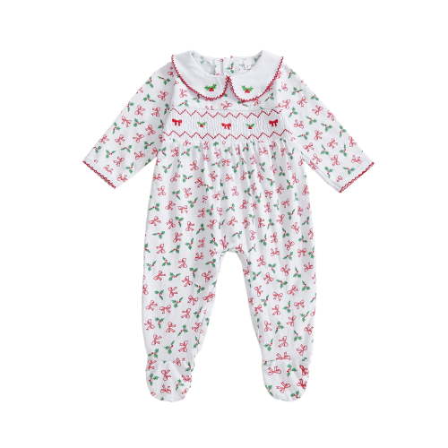 BemeyourBBs Baby Girl Christmas Footie Romper Print Long Sleeve Infant Jumpsuit