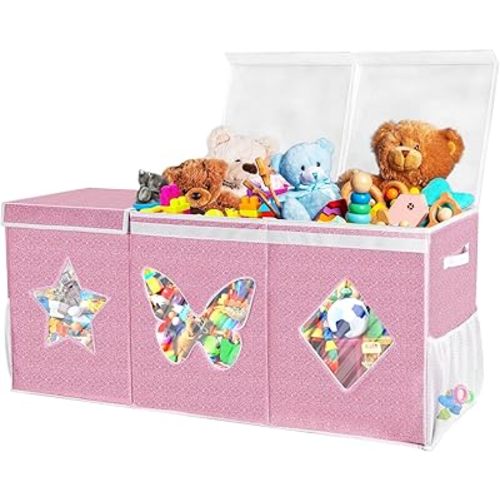 Extra Large Toy Box Chest for Girls, Collapsible Sturdy Toy Chest Bins with Lids, Kids Toy Storage Organizer Baskets for Kids, Boys, Girls, Nursery Room, Playroom, Bedroom, Closet, 40x14x17inch