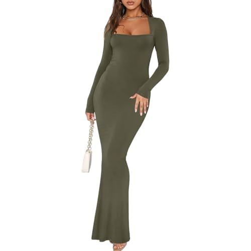 REORIA Womens Basic Sexy Square Neck Long Sleeve Soft Lounge Long Dress Fall Casual Ribbed Bodycon Maxi Dresses