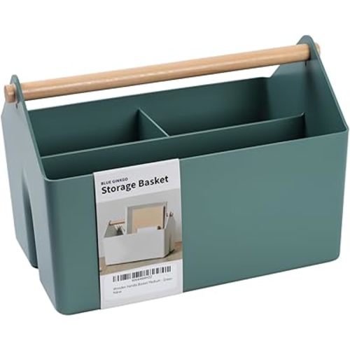BLUE GINKGO Medium Storage Basket – Plastic Caddy with Wooden Handle for Office, Arts & Crafts, or Home Supplies (Green)