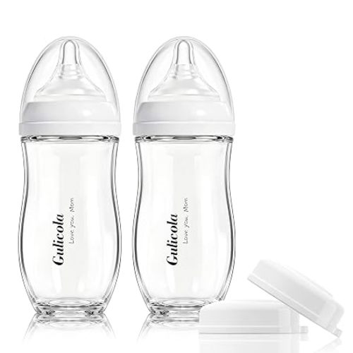 Gulicola Natural Glass Baby Bottle for Breastfeeding Babies, Newborn Anti-Colic Bottle Set with Slow Flow Nipple, 0-3 Months, 5 oz, 2 Pack - White