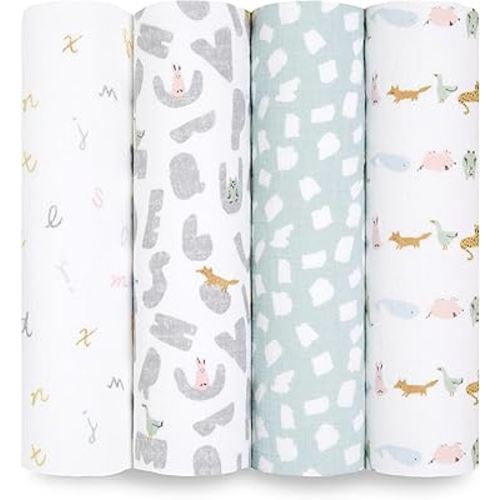 aden + anais Essentials Swaddle Blanket, Boutique Muslin Blankets for Girls & Boys, Baby Receiving Swaddles, Ideal Newborn & Infant Swaddling Set, Perfect Shower Gifts, 4 Pack, Alphabet Animals