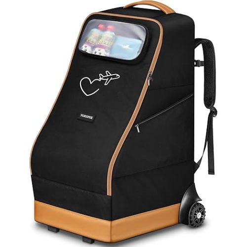 YOREPEK Rolling Car Seat Travel Bag for Airplane, Padded Car Seat Backpack with Large Wheels, Foldable Gate Check Carseat Bags for Air Travel, Clear Pocket for Baby Travel Essentials