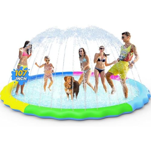Non-Slip Splash Pad for Kids and Dog, Thicken Sprinkler Pool Summer Outdoor Water Toys - Fun Backyard Fountain Play Mat for Baby Girls Boys Children or Pet Dog (97 inch, Red&Yellow&Green&Blue)