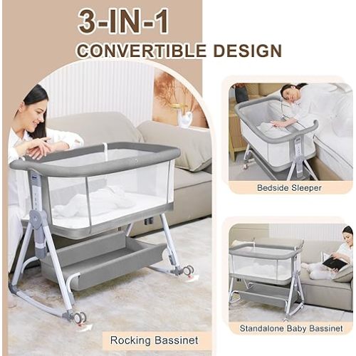 Baby Bassinet Bedside Crib, 3 in 1 Baby Bassinet Bedside Sleeper with Musical Toy, Adjustable Portable Crib All Mesh Bedside Bassinet with Storage Basket, Grey