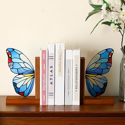 Decorative Butterfly Book Ends Wooden Acrylic Butterfly Bookends Heavy Duty Modern Bookshelf Decor Accents Book Stopper Decor Stained Glass Style for Home Farmhouse Shelves Office Lover Gift