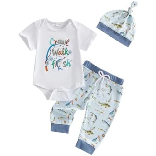 Newborn Baby Boy Clothes Fishing Short Sleeve Romper Shirt Tops Pants Summer Spring Outfits Cute Hat Set