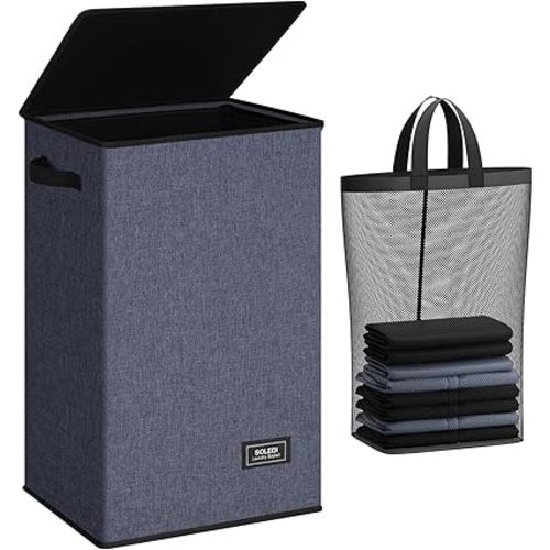 SOLEDI Laundry Hamper with Lid 90L Large & Tall Collapsible Laundry Basket, Clothes Hamper with Bag Removable Easy to Carry, Dirty Hampers for Bedroom, Bathroom, Dorm, College, Navy Blue