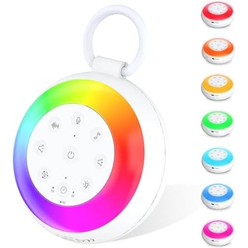 Portable White Noise Sound Machine for Baby, Kids, Adults Sleep - 24 Soothing Natural Sounds, 7 Color Night Light, Portable Wireless Bluetooth Speaker for Home, Travel, Nursery, Office