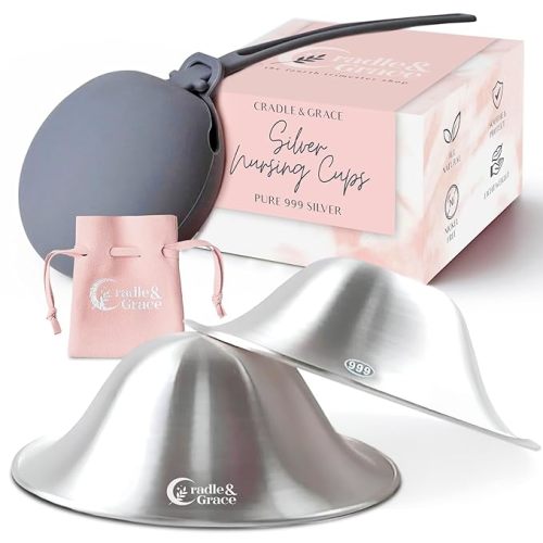 Cradle & Grace® Pure 999 Silver Nursing Cups for Breastfeeding + Carry Case, Natural Sore Nipple Relief, Silver Nipple Shields for Nursing, Postpartum Essentials & New Mom Breastfeeding Must Haves