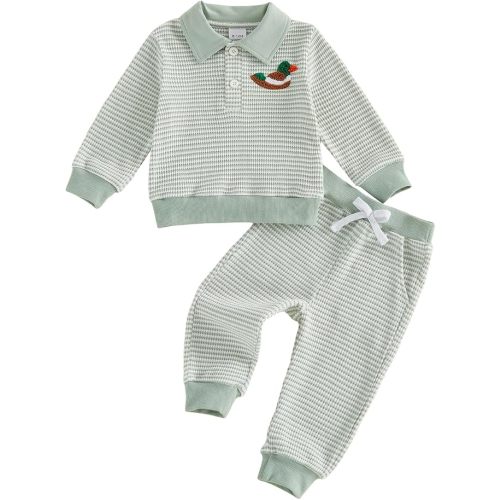 ZAXARRA Toddler Baby Boy Fall Outfit Duck Embroidery Stripe Sweatshirt Tops Long Pants Set Infant Warm Clothes