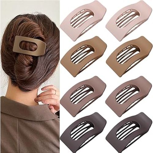 8 Pack Brown Flat Hair Clips for Women – Large Neutral Matte No-Slip Rectangle Claw Clips for Thick & Thin Hair, Strong Hold Square Hair Accessories for Everyday Office or Coffee Look