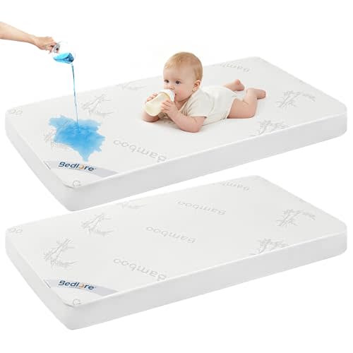 BEDLORE Waterproof Crib Mattress Protector 2 Pack, Ultra Soft Bamboo Viscose Crib Mattress Pad Cover, Noiseless Toddler Mattress Protector for Standard Baby Bed Size 52''x28'', White